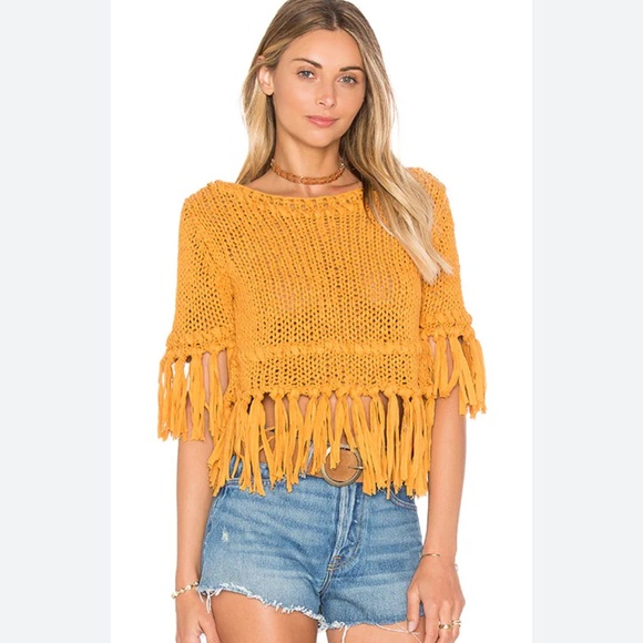 Free People On the Fringe Pullover YELLOW sweater knit cropped top crochet XS - Picture 2 of 12